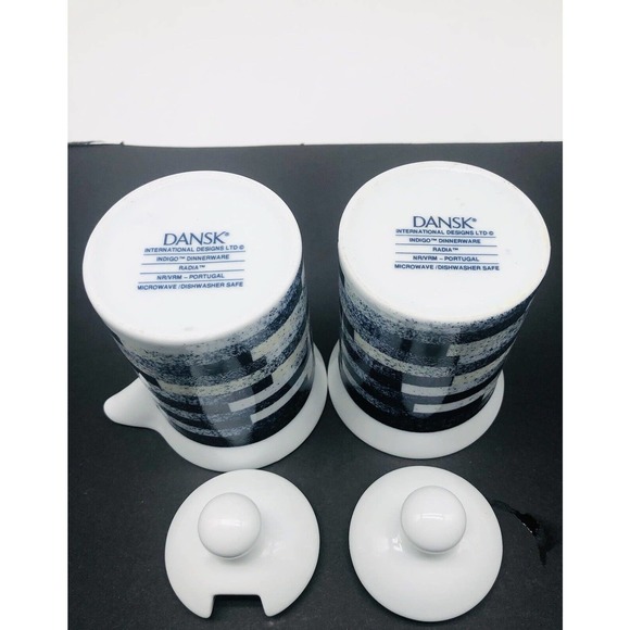 DANSK Radia INDIGO Sugar & Creamer With Lids 2 Mugs Cups Blue White Coffee A1 - Picture 6 of 8